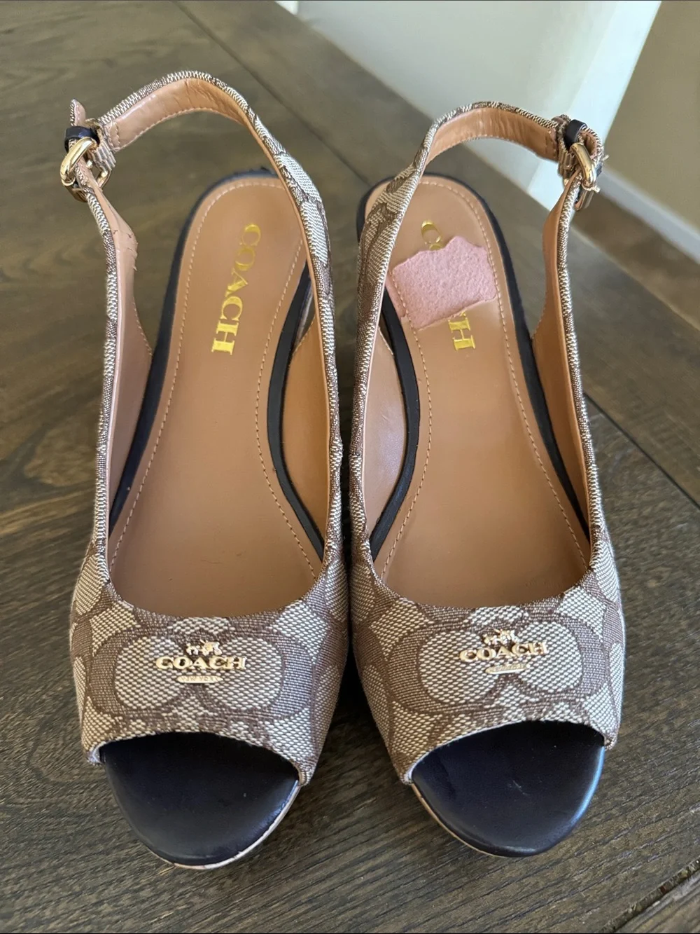 COACH Brown Signature Canvas Peep-Toe Slingback Wedges - Picture 9 of 9